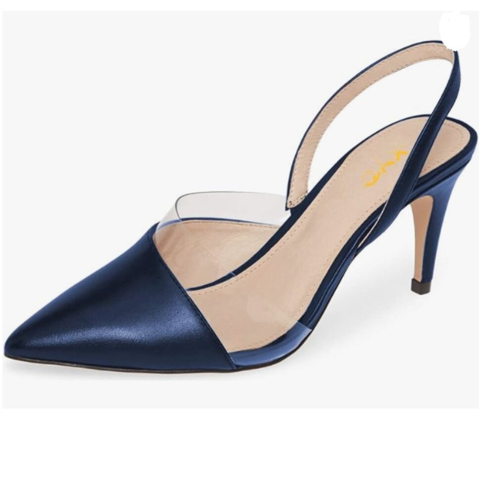 XYD Navy High Heels Pumps Pointy Toe D'Orsay Slingback Transparent Dress Sandal